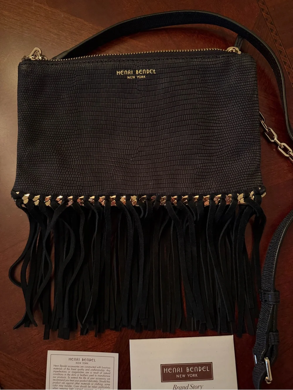 Henri Bendel Black Leather Lizard Embossed Black Fringed Crossbody Bag